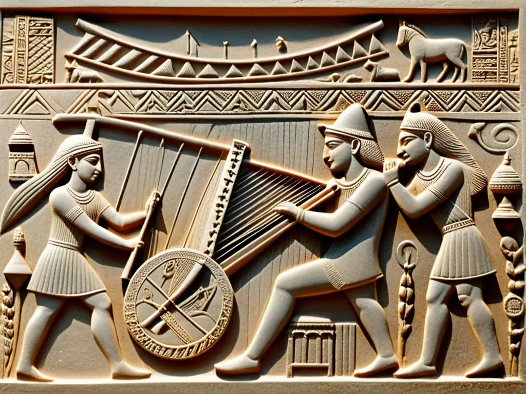 Detalle de antiguo relieve mesopotámico con músico tocando el arpa, resaltando su importancia en la historia del arpa en Mesopotamia