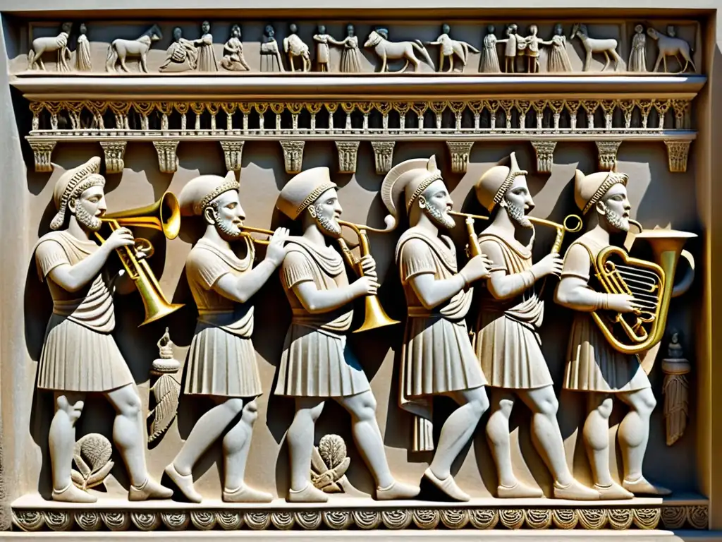 Detalle de antiguo relieve romano con músicos tocando tuba y bombardino en procesión, mostrando la evolución de los instrumentos musicales