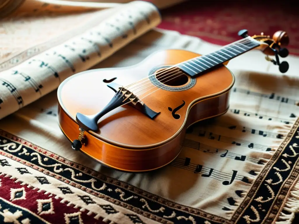 Detalle de un antiguo Oud árabe en una rica alfombra tradicional, rodeado de partituras antiguas, evocando la historia y relevancia cultural del Oud árabe