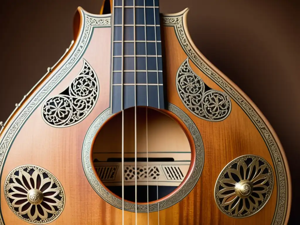 Detalle del antiguo oud árabe, con tallados intrincados y madera envejecida que destila historia y sonido del oud árabe