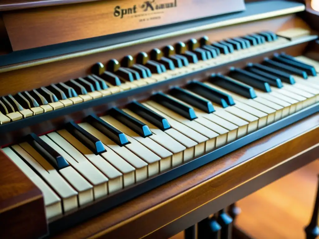 Detalle de un antiguo teclado de espineta, mostrando la pátina y la historia del spinet teclado pequeño