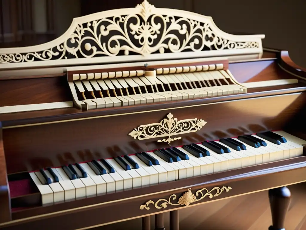 Detalle de un antiguo spinet, con teclas de marfil y elaborados grabados en madera