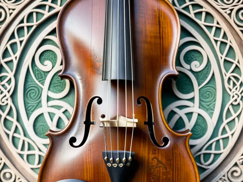 Detalle de un antiguo violín tallado a mano con símbolos celtas, reflejando la rica tradición del fiddle en la cultura celta