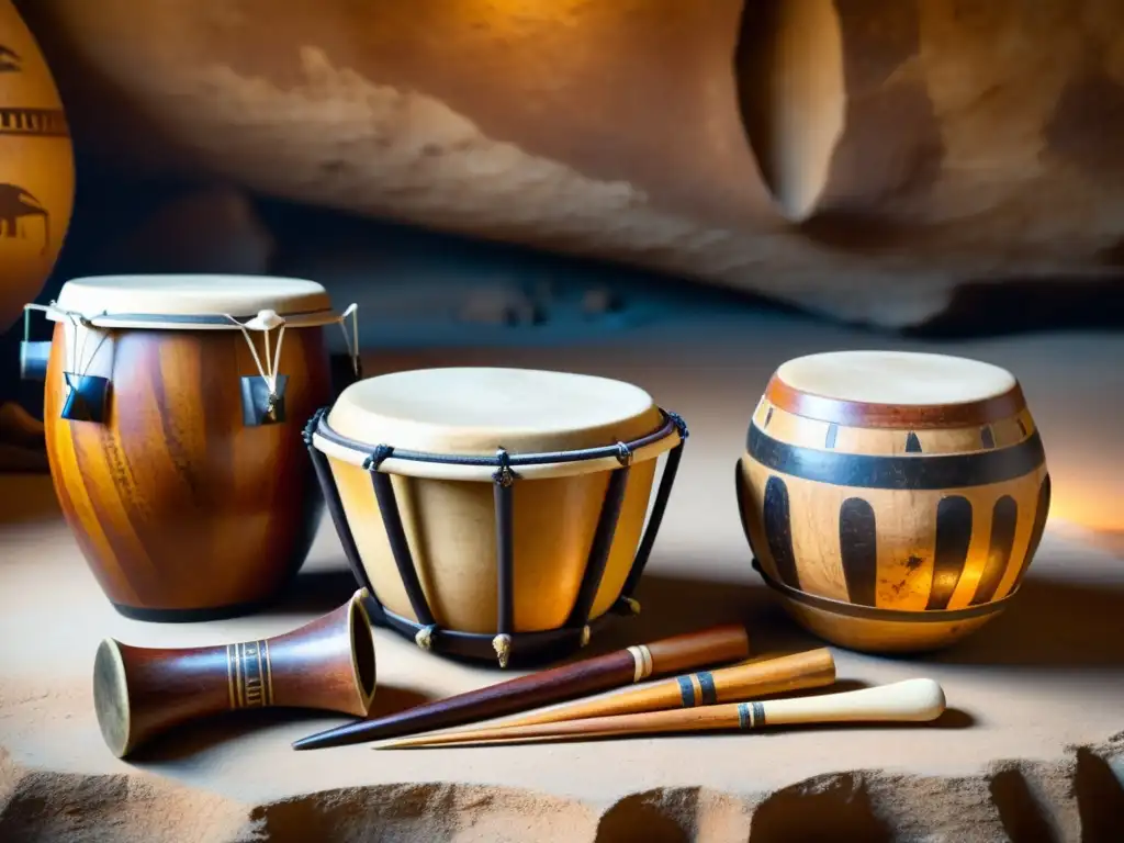 Detalle de antiguos instrumentos de percusión en la prehistoria, mostrando su artesanía y contexto histórico