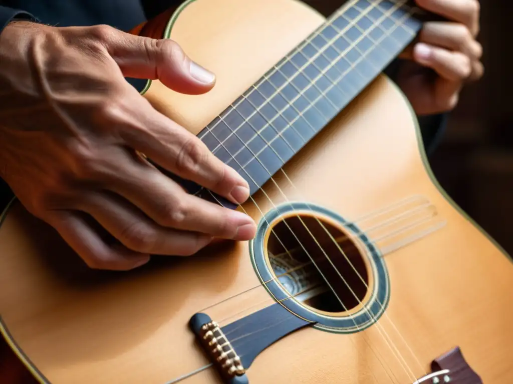 Detalle apasionado de técnica en guitarra española, manos expertas y la calidez de la tradición musical