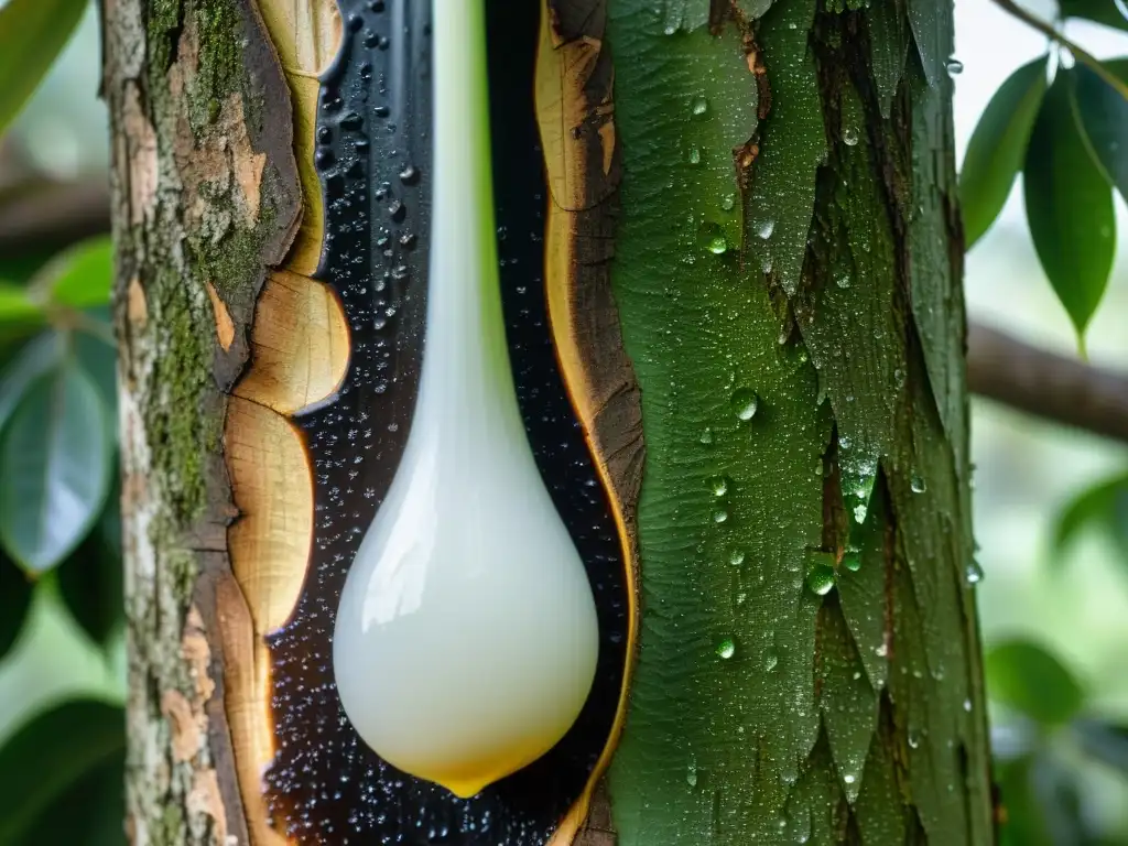 Detalle de árbol de caucho siendo sangrado para látex, con gotas de savia lechosa