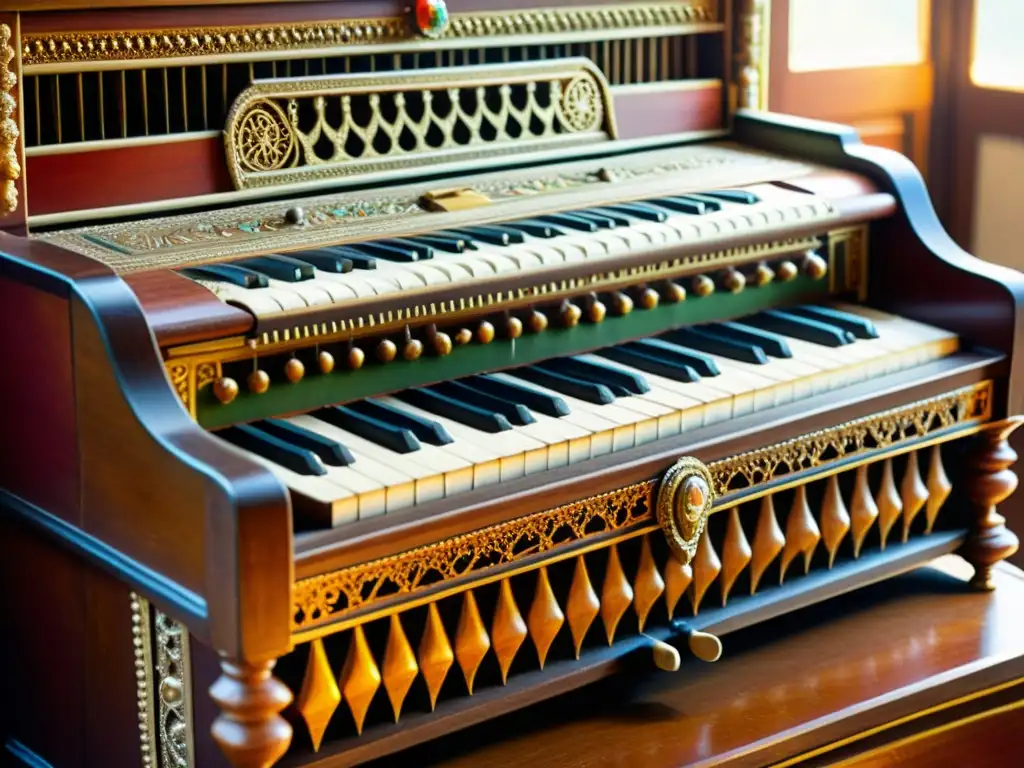 Detalle de un armonio indio decorado con intrincados detalles tallados a mano, colores vibrantes y teclas y fuelles desgastados, iluminado suavemente por la luz natural, capturando la historia y sonido del harmonium indio