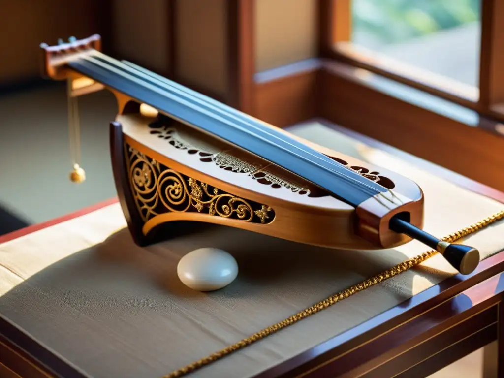 Detalle artesanal de la construcción de un guqin chino, revelando su historia, sonido y belleza única en madera y cuerdas metálicas