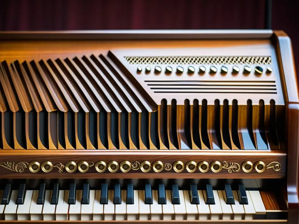 Detalle artesanal del instrumento Ondas Martenot, evocando historia y tradición con cálidos tonos y texturas