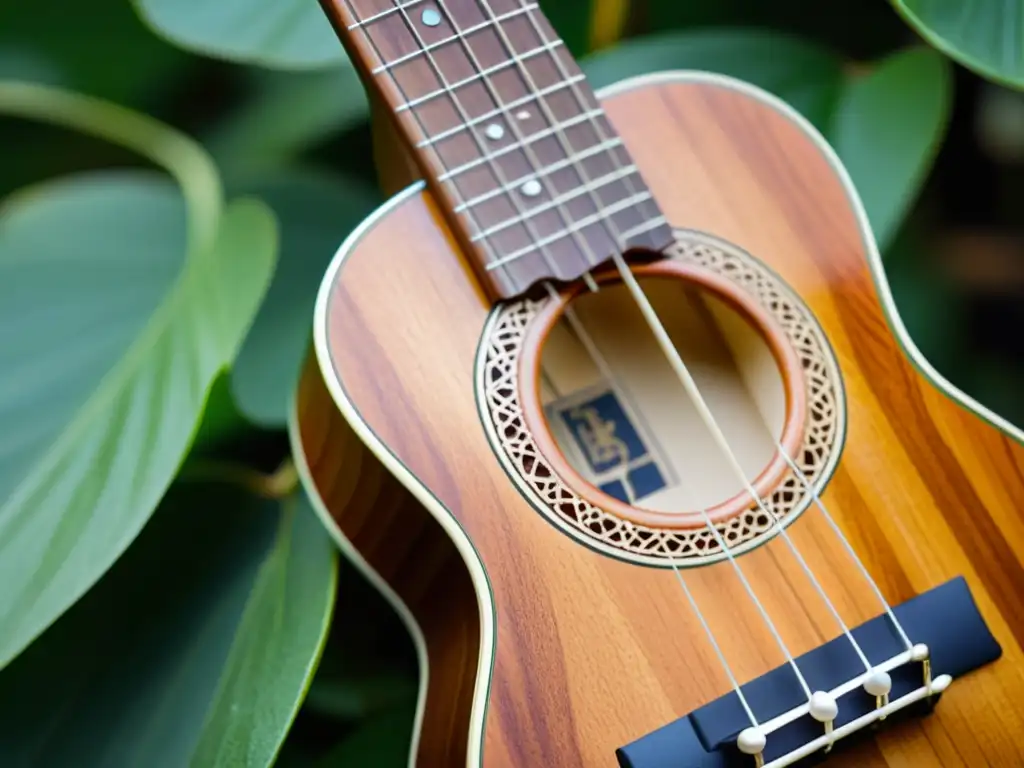 Detalle de un ukelele artesanal con madera sostenible, resaltando la artesanía y calidez natural