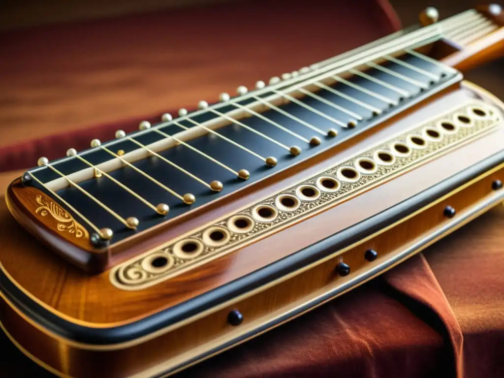 Detalle artesanal de la zither alpina con cálidas tonalidades de madera