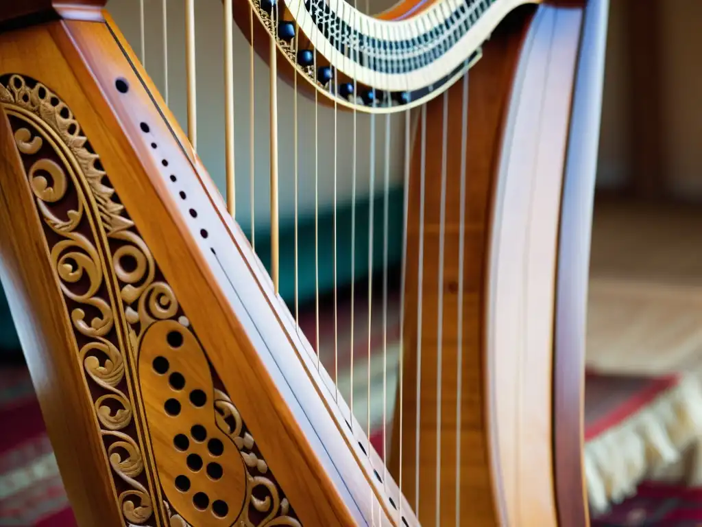 Detalle de la artesanía de un arpa paraguaya con cálidos tonos de madera y cuerdas brillantes