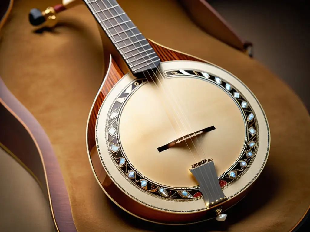 Detalle de la artesanía del bouzouki griego, con madera y incrustaciones de nácar