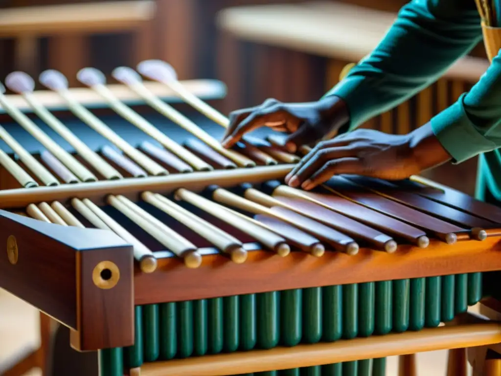 Detalle de la artesanía de una marimba, destacando la rica madera y la destreza artesanal