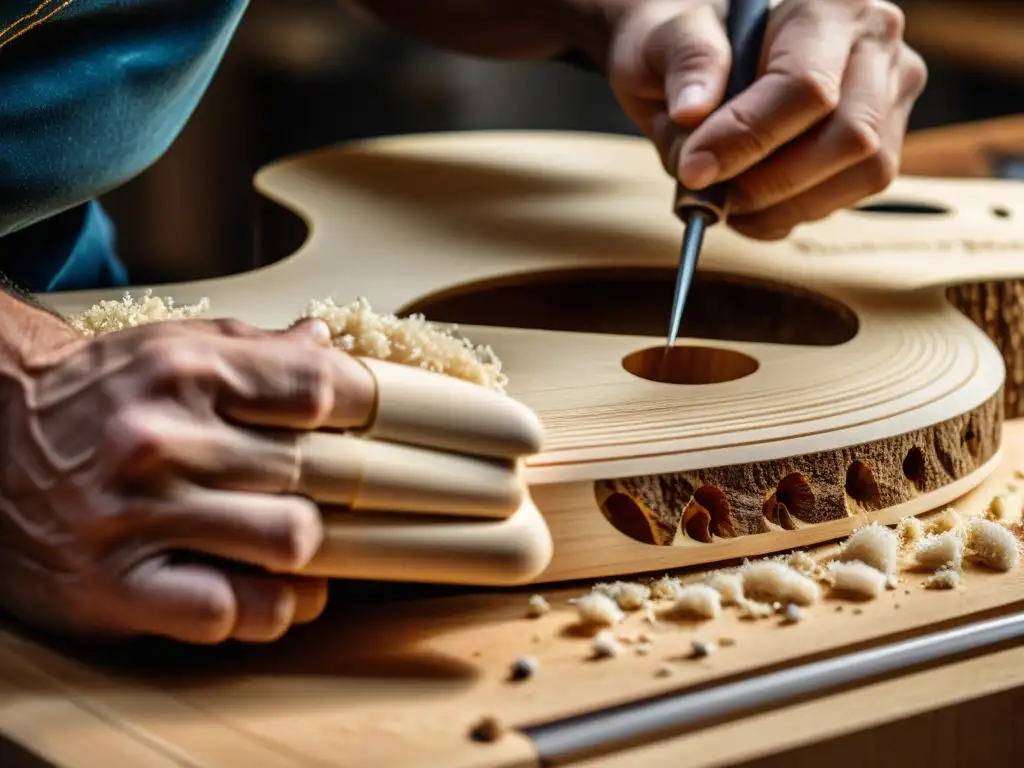 Detalle del artesano tallando con precisión una guitarra sostenible