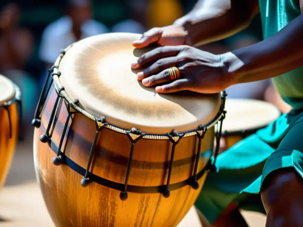 Detalle del atabaque tocado con pasión durante ritual afrobrasileño