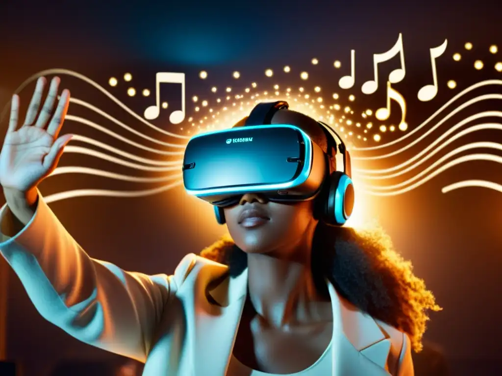 Detalle de auriculares de realidad virtual con notas musicales y manos alcanzando instrumentos virtuales