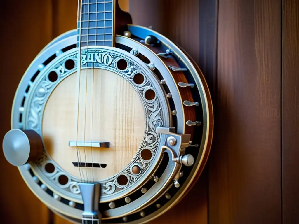 Detalle de un banjo desgastado con intrincadas tallas, reflejando la historia y evolución del banjo