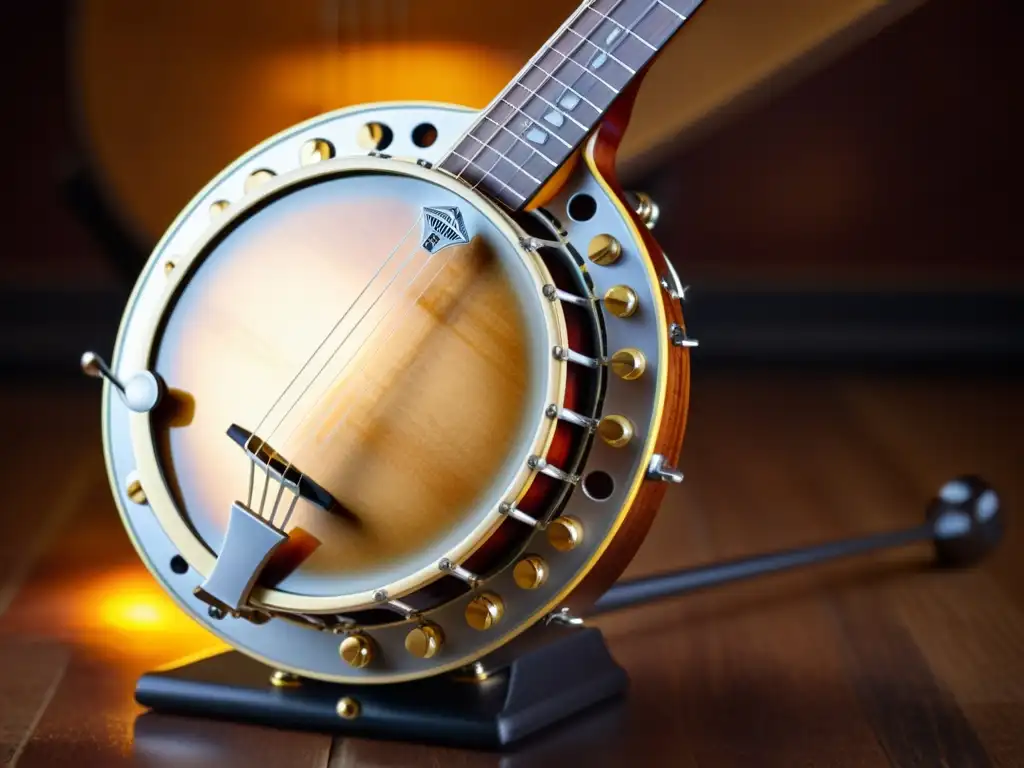 Detalle de un banjo tradicional, con madera cálida y cuerdas tensas, evocando el origen y evolución del banjo