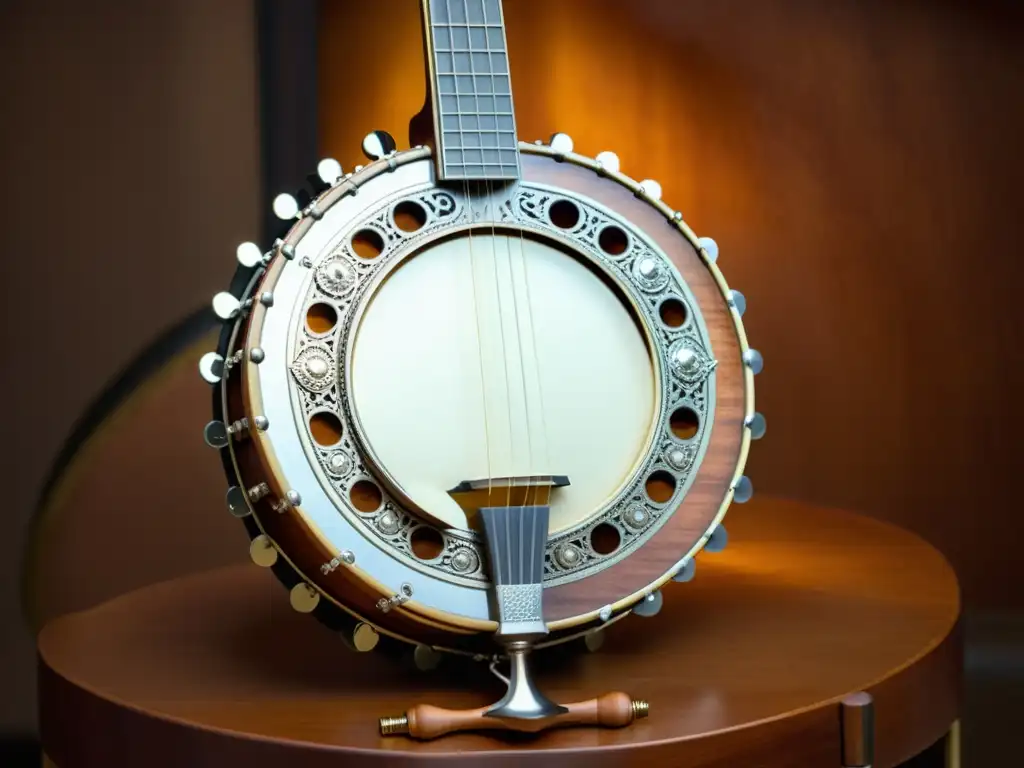 Detalle de un banjo vintage con tallados de madera intrincados y adornos metálicos, mostrando el desarrollo histórico del banjo en música