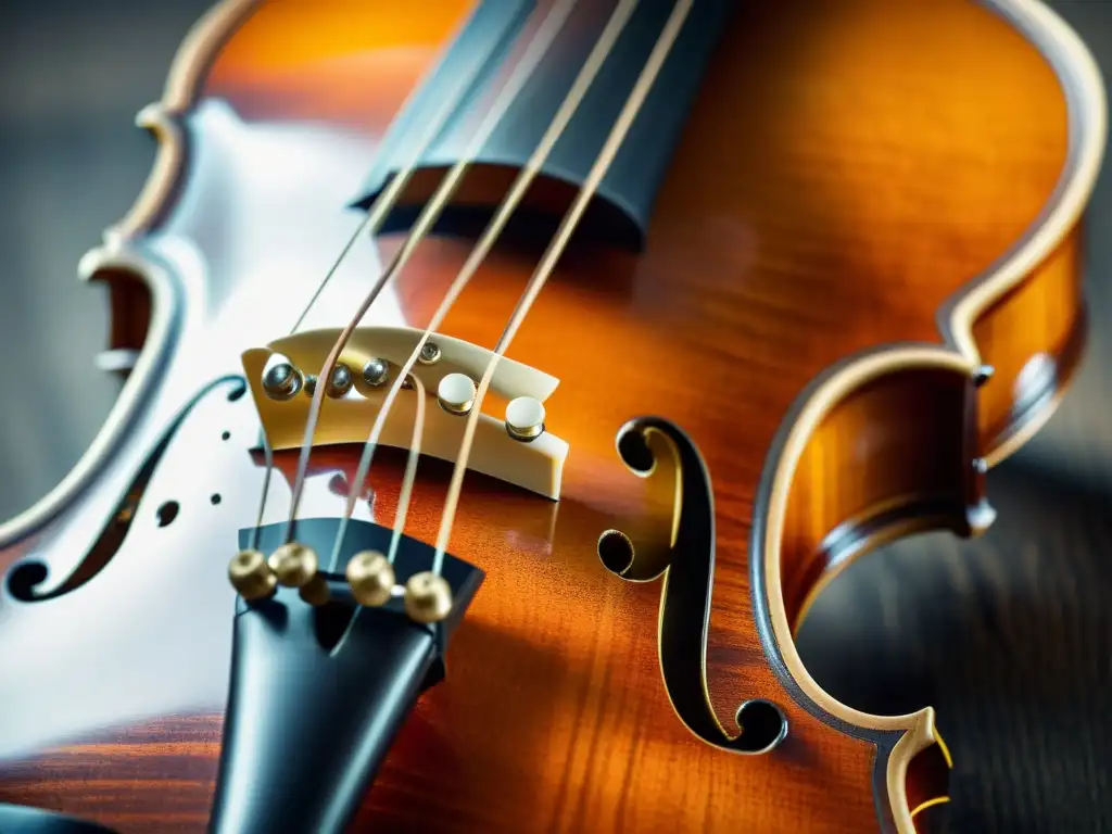 Detalle de un violín Stradivarius, resaltando la belleza del grano de la madera y la artesanía