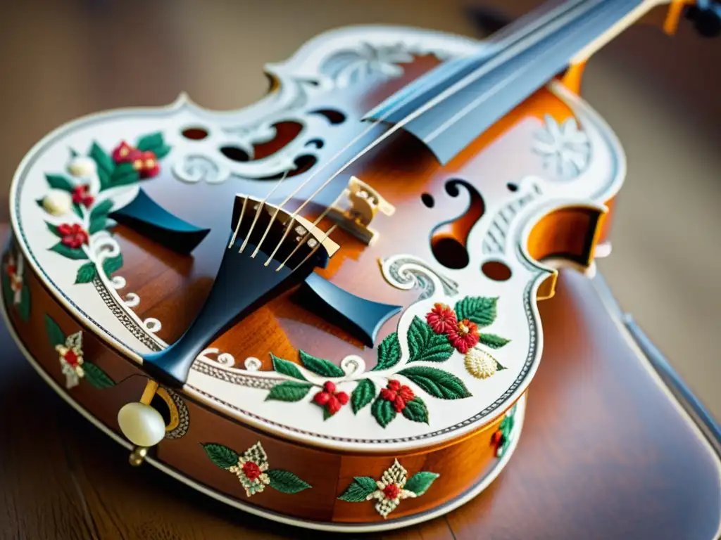 Detalle del bello Hardanger fiddle, resaltando su artesanía y la historia y sonido del instrumento noruego