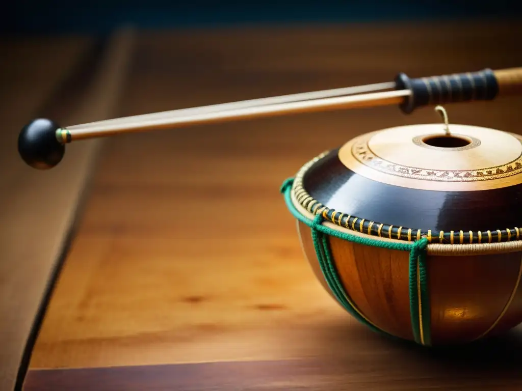 Detalle de un berimbau, instrumento musical brasileño, con cuerdas tensas y calabaza resonante