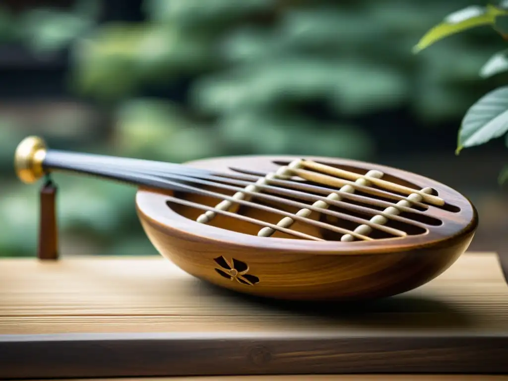 Detalle de un biwa japonés tradicional, resaltando su tallado en madera, cuerdas y pátina envejecida