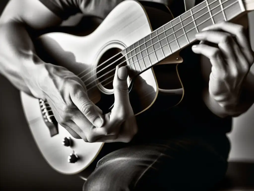 Detalle en blanco y negro de manos de músico tocando guitarra, capturando la expresión musical con emoción y destreza