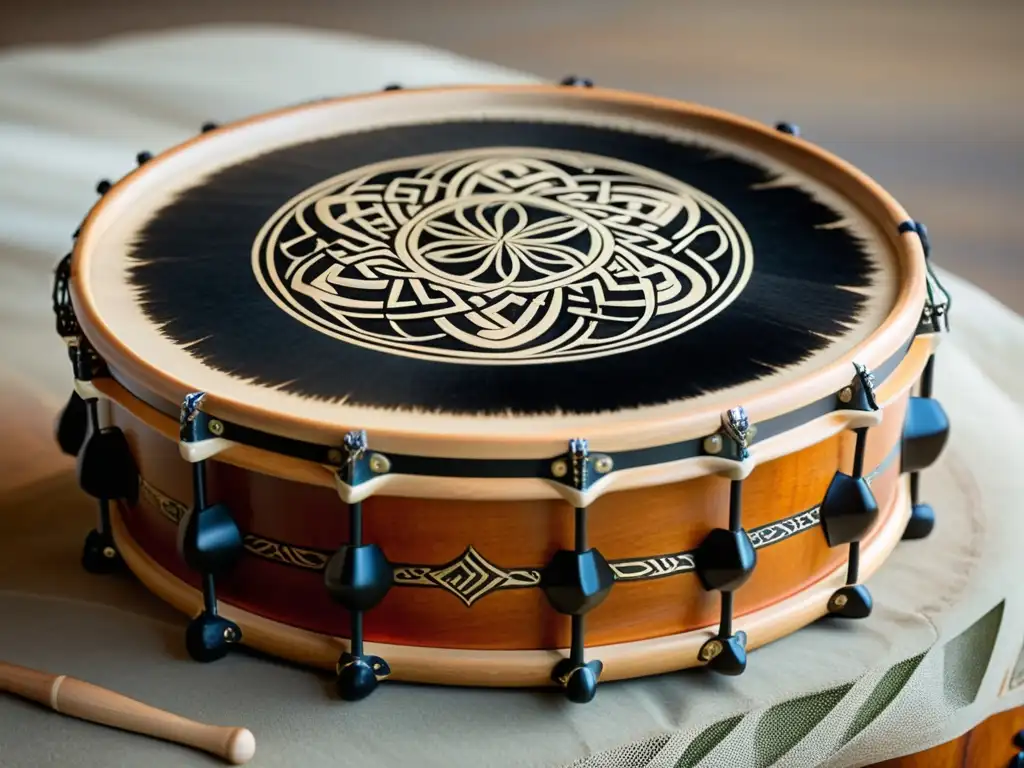 Detalle de un Bodhrán tradicional con diseños celtas pintados a mano, evocando el origen y técnica del Bodhrán en la cultura irlandesa