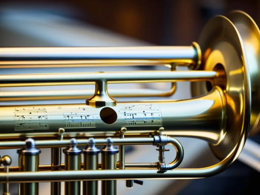 Detalle de un bombardino reluciente en un entorno musical, destacando su elegancia y artesanía