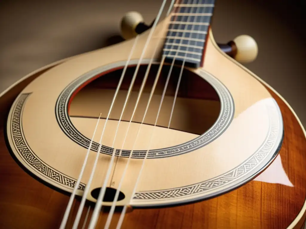 Detalle de bouzouki griego: artesanía y calidez cultural en instrumento musical