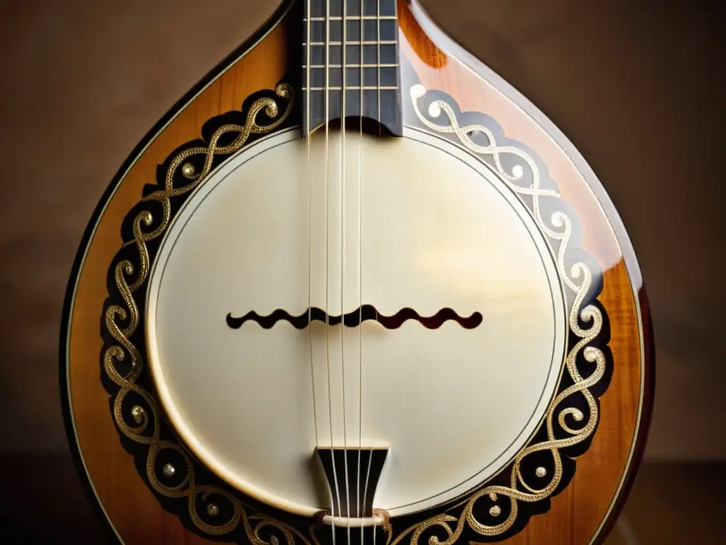 Detalle del bouzouki griego con intrincados detalles de madera y nácar, iluminado por luz cálida en taberna tradicional