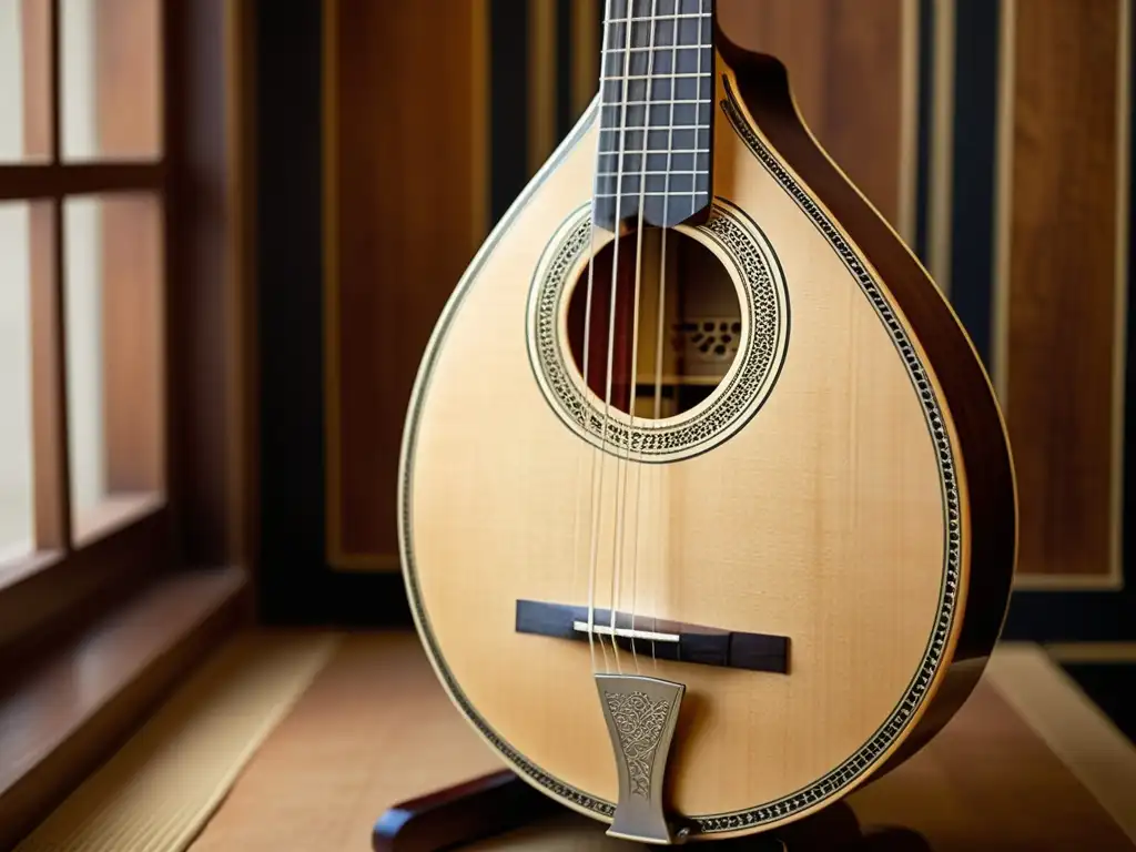 Detalle de un bouzouki griego: historia y sonido, con exquisita artesanía y calidez natural, evocando la herencia musical griega