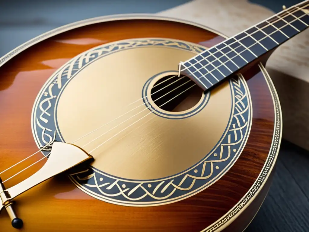 Detalle de un bouzouki griego: madera tallada, cuerdas brillantes y patina envejecida, evocando historia y sonido