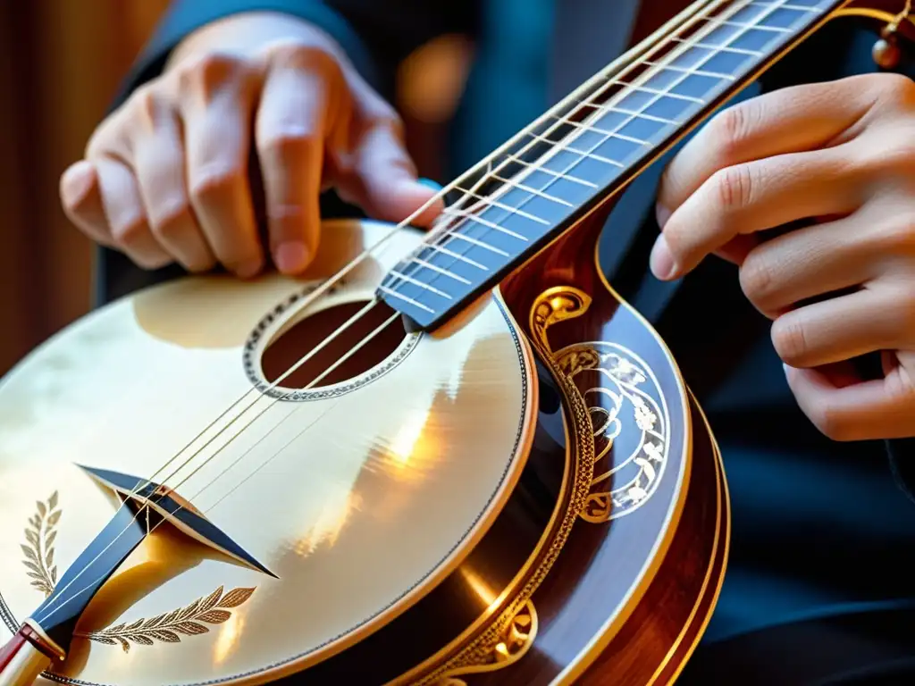 Detalle de un bouzouki griego tradicional con fina artesanía en madera y incrustaciones de nácar