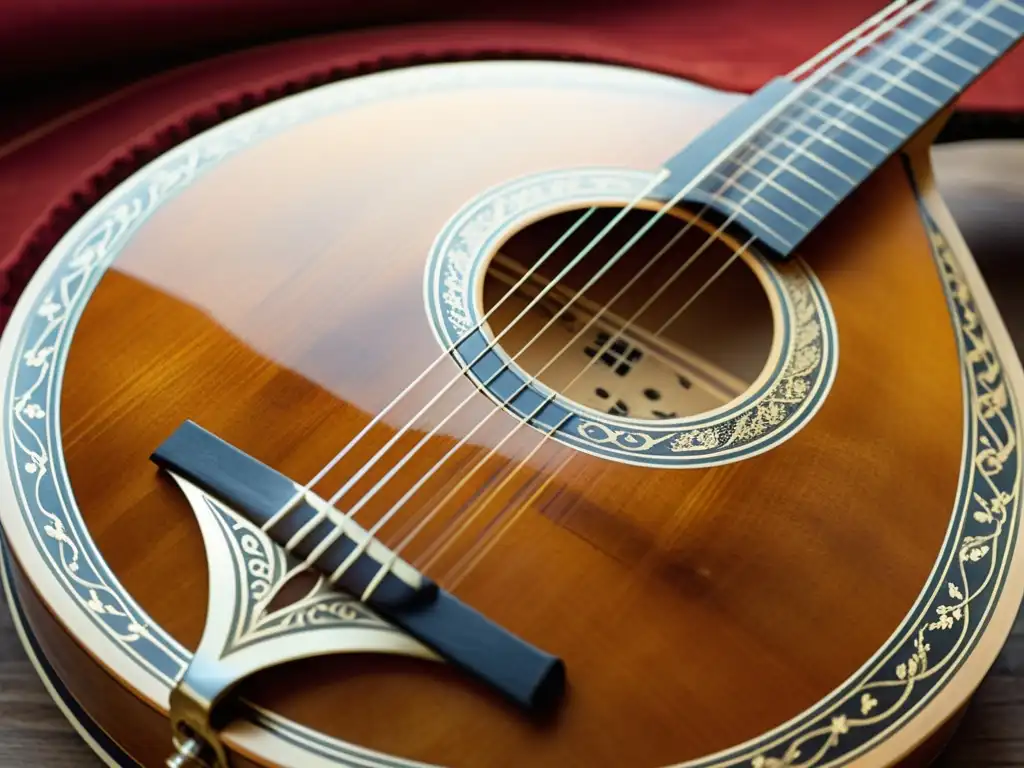 Detalle de un bouzouki griego tradicional, con madera envejecida y cuerdas brillantes, mostrando la historia y evolución del instrumento