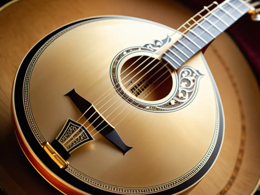 Detalle de un bouzouki griego tradicional, resaltando la artesanía y relevancia cultural del instrumento en la historia griega