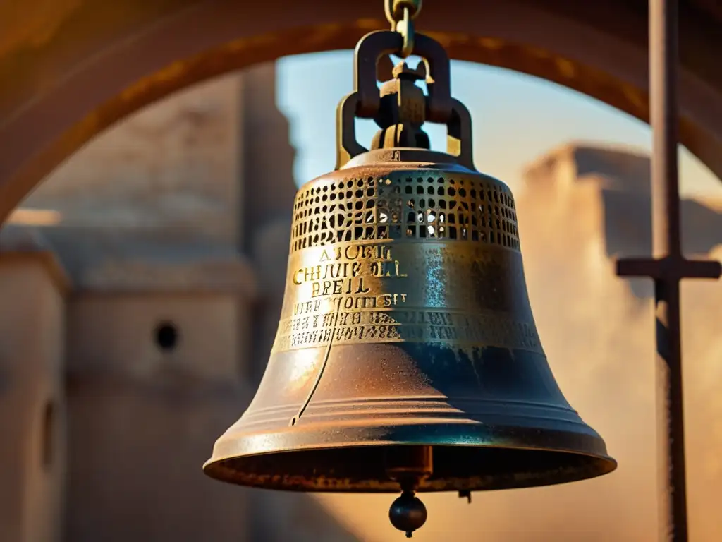 Detalle de campana antigua de iglesia, iluminada por la cálida luz del atardecer