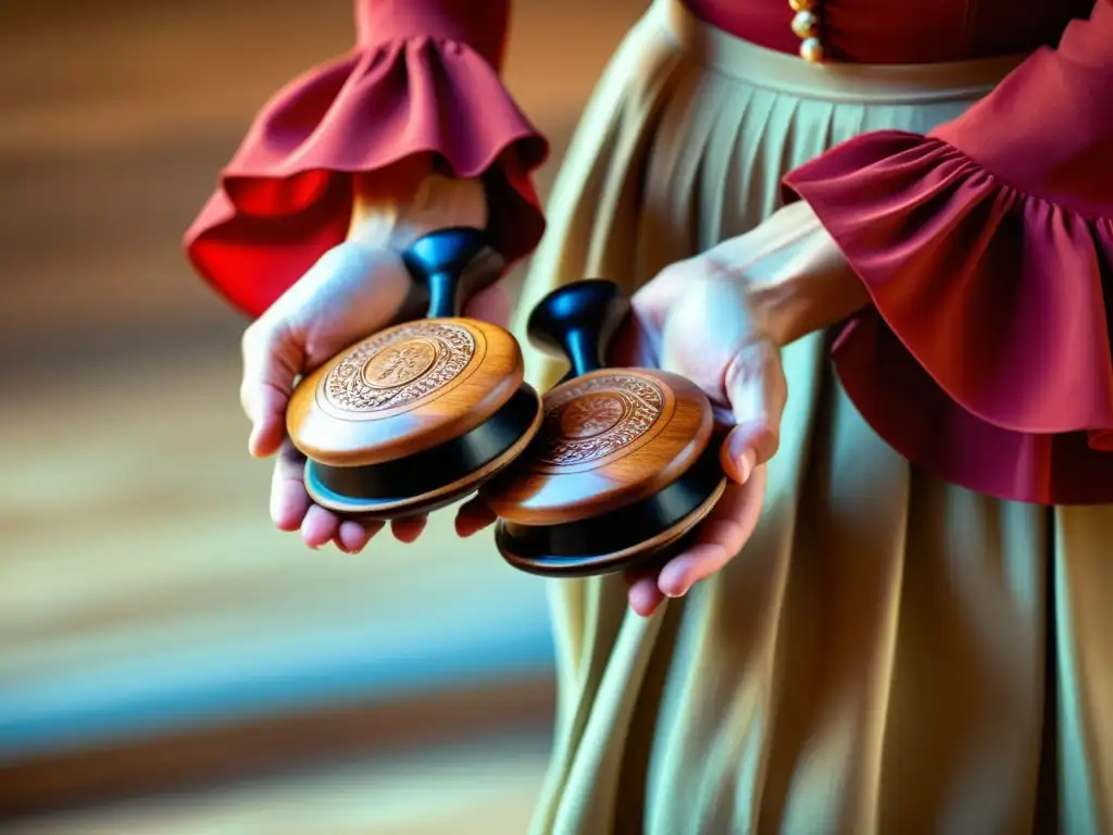 Detalle de castañuelas tradicionales sostenidas por un bailarín flamenco hábil, destacando el papel de las castañuelas en la música flamenca