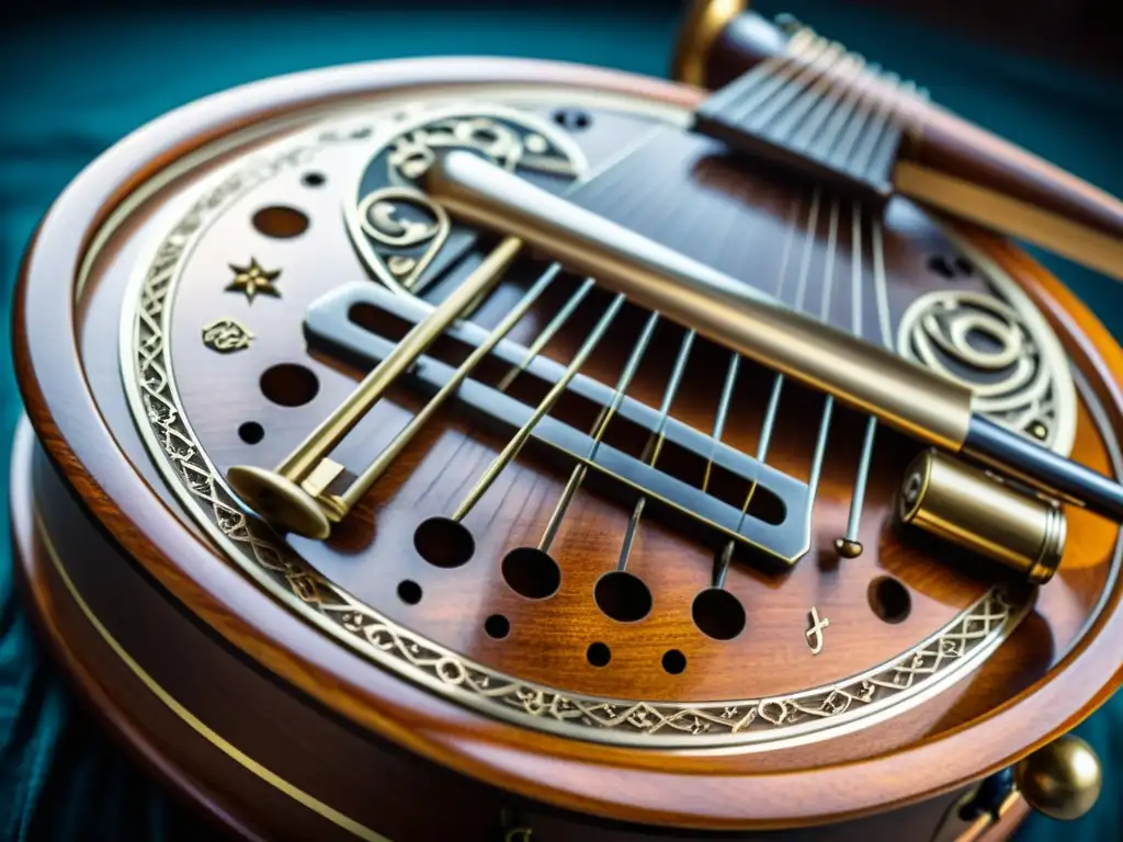 Detalle de una celesta antigua iluminada por luz natural, resaltando la historia y sonido de la celesta en la orquesta romántica