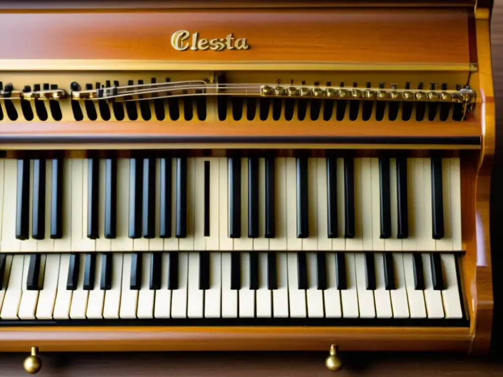 Detalle de celesta vintage con historia y sonido, reflejando el paso del tiempo y el cuidado en su artesanía