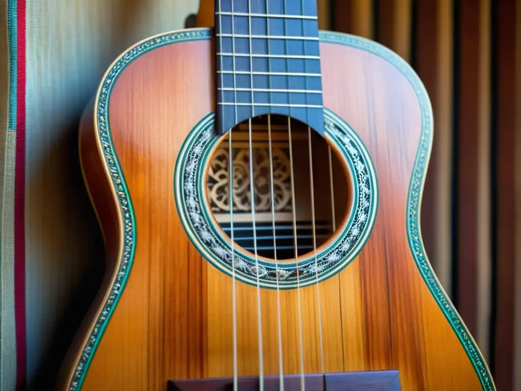 Detalle de un charango andino artesanal desgastado, con texturas y patrones andinos, contando la historia del charango andino cultural