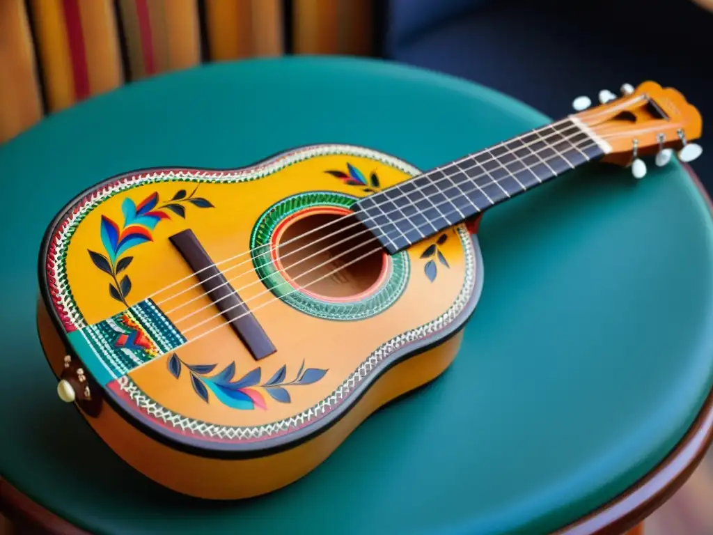 Detalle del charango latinoamericano, con tallados coloridos y cuerdas vibrantes