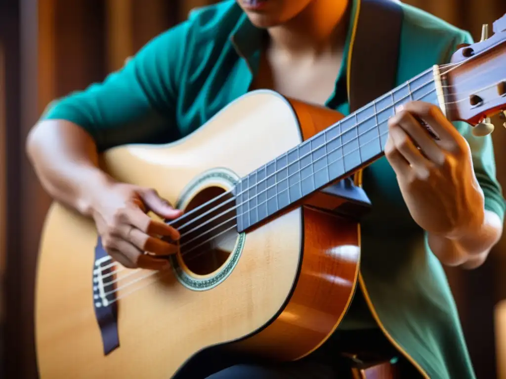 Detalle de Guitarrón Chileno bajo acústico junto a otros instrumentos de cuerda tradicionales, resaltando su artesanía y significado cultural