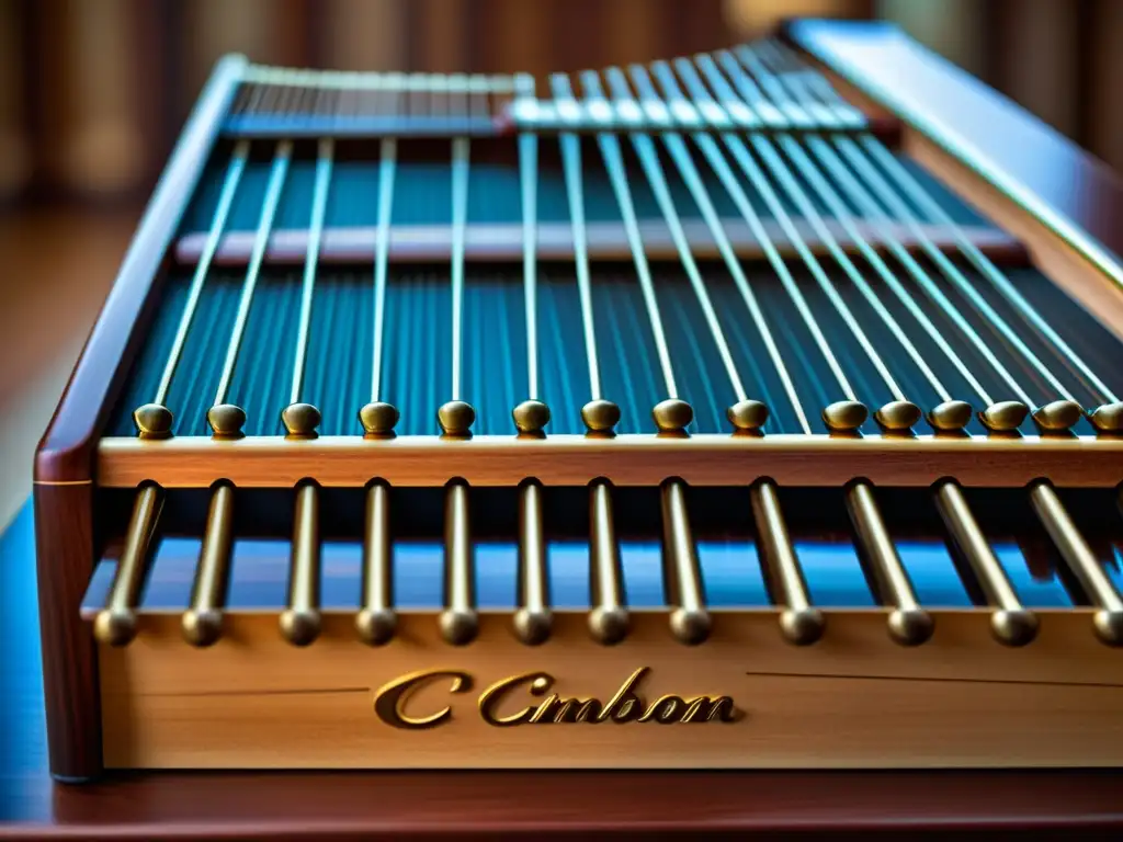 Detalle del Cimbalom tradicional resaltando su artesanía y musicalidad, mostrando la historia y relevancia cultural del cimbalom