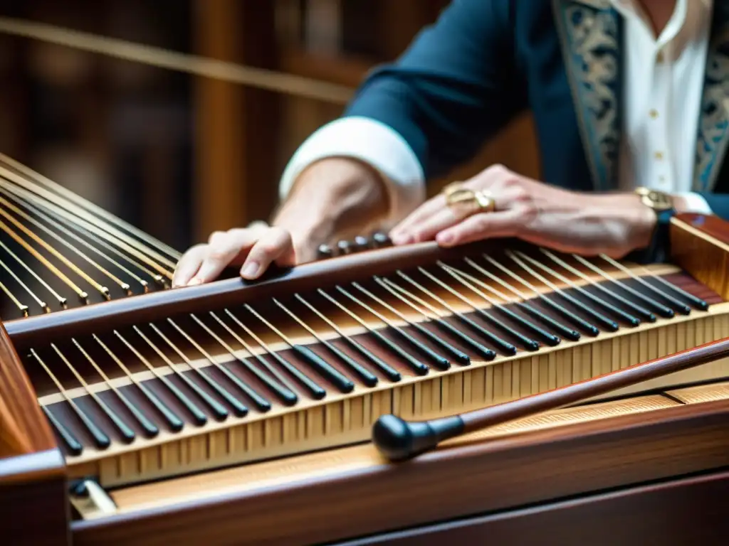 Detalle de un cimbalón en acción, mostrando la historia y construcción del instrumento, la destreza del músico y la riqueza sonora