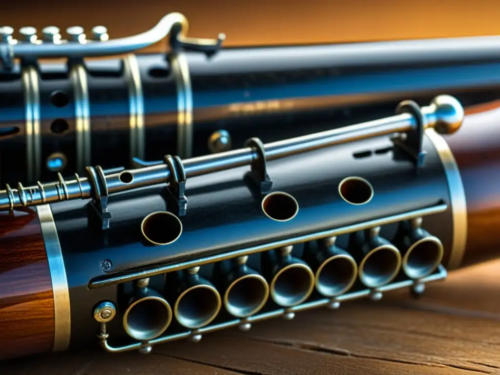 Detalle de un clarinete vintage con una cálida pátina en la luz natural, evocando la historia del clarinete en el jazz