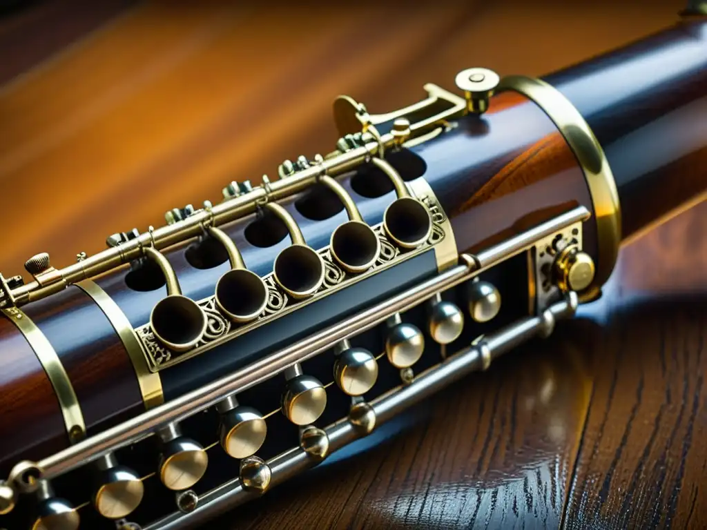 Detalle de la clave y madera de un clarinete de basset, mostrando su belleza y calidez