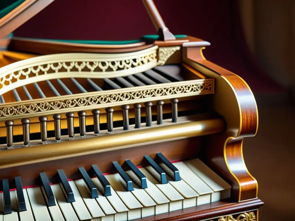 Detalle de un clavicémbalo antiguo, iluminado por luz natural, resaltando las técnicas de interpretación de la música barroca